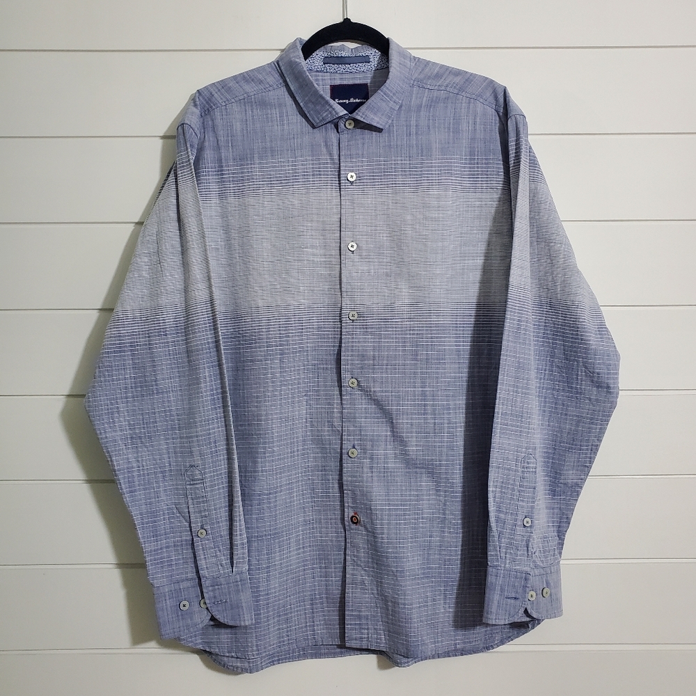 Tommy Bahama Dress Shirt Mens Size L Blue White Geometric‎ Cotton Button Up